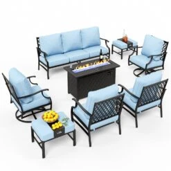 Phi Villa 9-Seater Outdoor Steel Conversation Sofa Sets With Leather Grain Fire Pit Table -Phi Villa phi villa outdoor steel sofa set with rectangle fire pit table for sale 24f5cff4 c2a7 49f7 9238 4126b59580e7