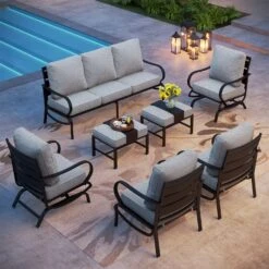 Phi Villa 9-Seater Patio Steel Sofa With Cushions And Multi-functional Ottomans