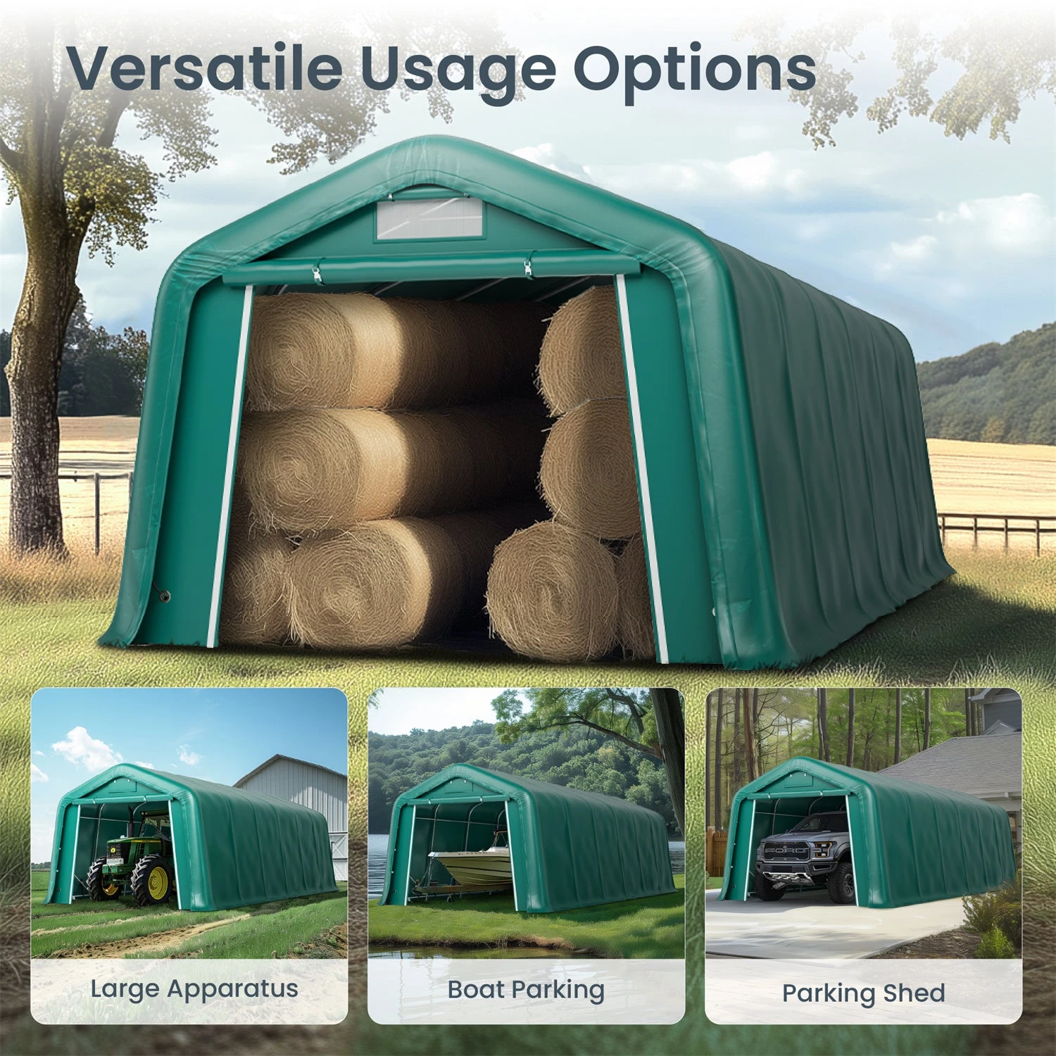 PHI VILLA Outdoor 11x32ft Green Storage Tent For Vehicles, Farm, And Agricultural Use 8 PHI VILLA Outdoor 11x32ft Green Storage Tent For Vehicles, Farm, And Agricultural Use - Image 6