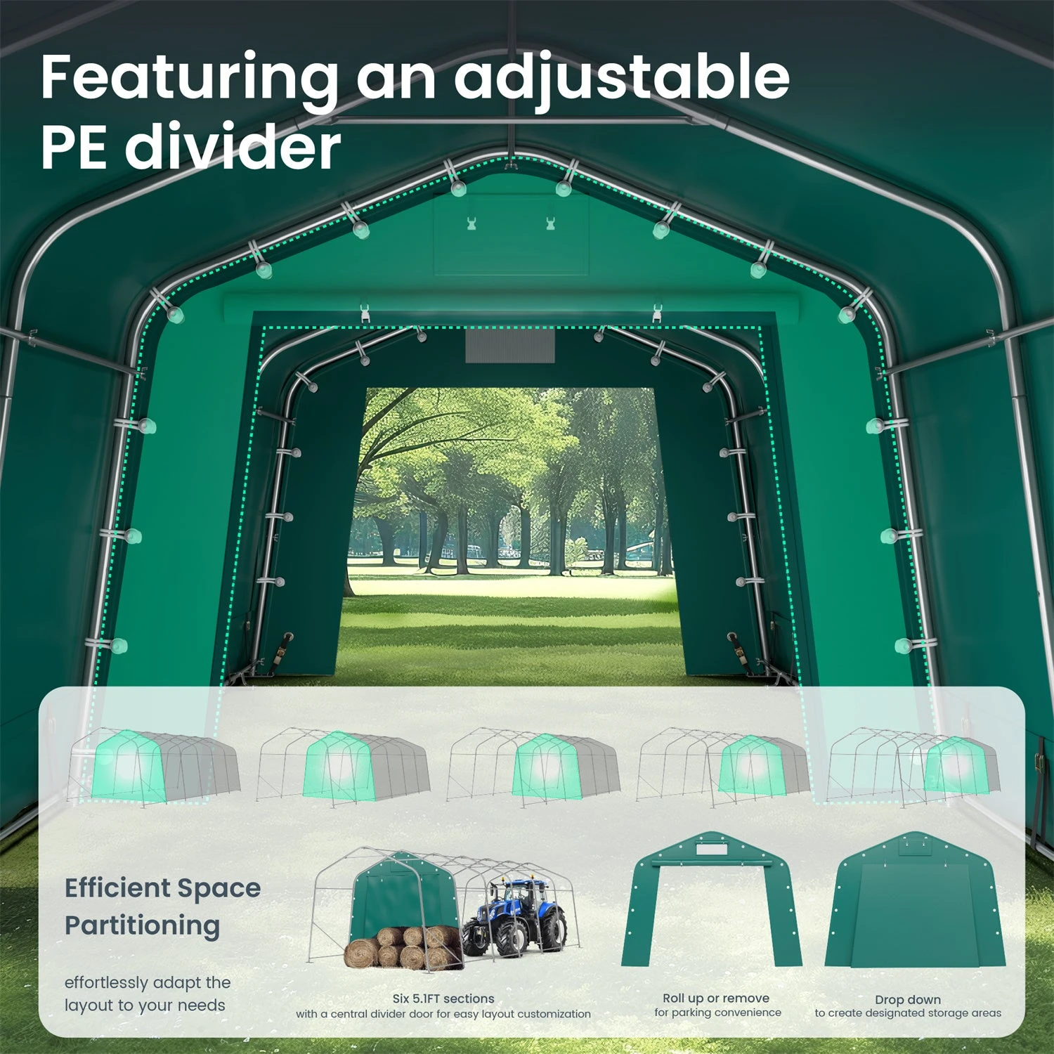 PHI VILLA Outdoor 11x32ft Green Storage Tent For Vehicles, Farm, And Agricultural Use 9 PHI VILLA Outdoor 11x32ft Green Storage Tent For Vehicles, Farm, And Agricultural Use - Image 7