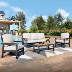 Phi Villa 5-Seater Patio Rattan And Wood-Grain Sofa Set