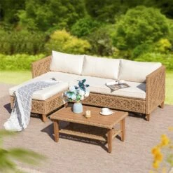 Phi Villa 4-Seater Patio Budget-Friendly Bohemian Wicker And Wood Sofa Set -Phi Villa phi villa patio budget friendly wicker sofa