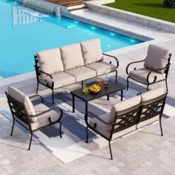 Phi Villa 7-Seater Outdoor Elegant Sofa Set With Love Seat & Metal Coffee Table