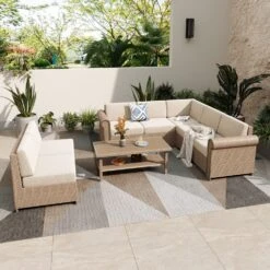 Phi Villa Outdoor Classic Garden Modular Wicker Deep Sofa Set With Coffee Table