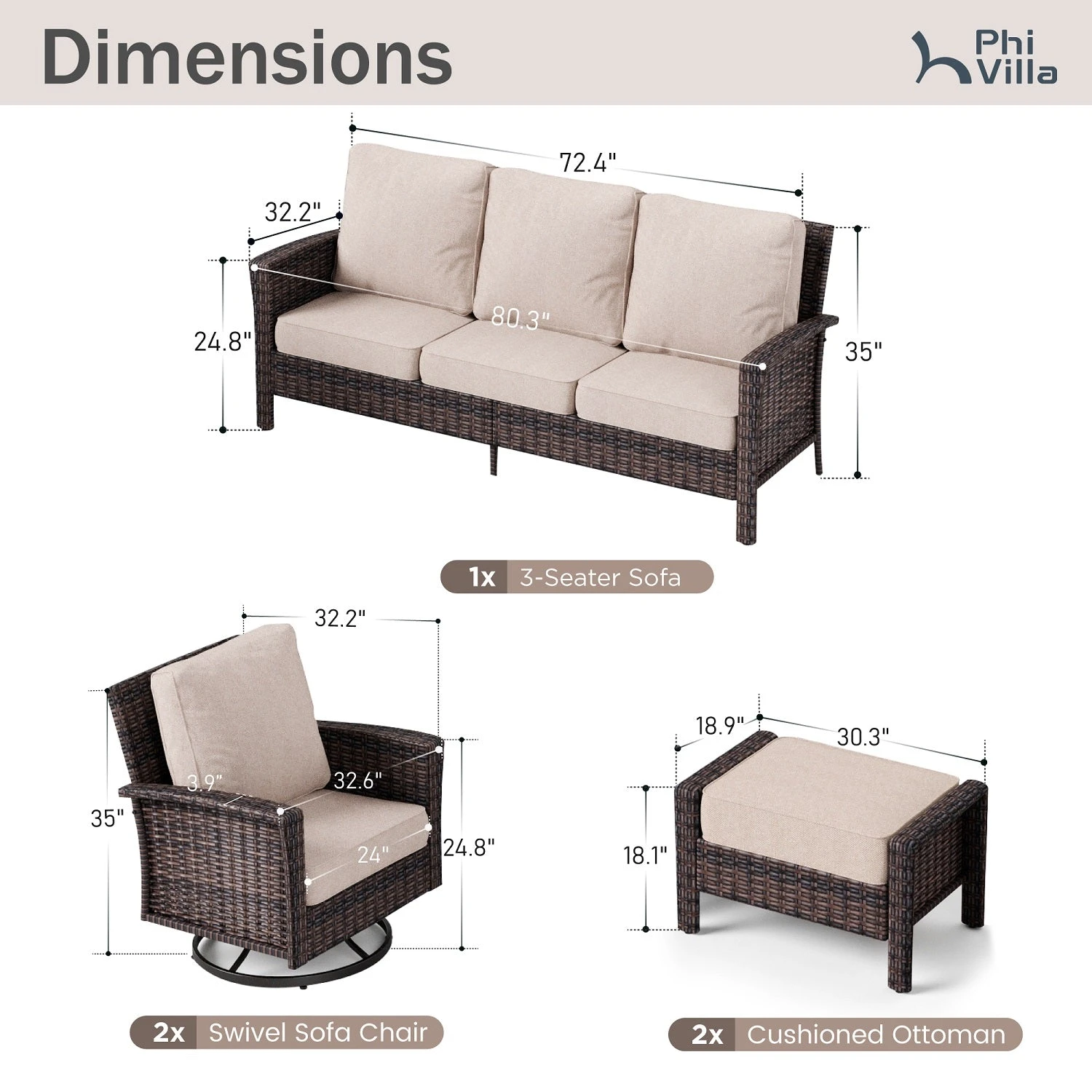 Phi Villa Patio Rattan Furniture Wicker 7-Seater Outdoor Swivel Sofa Sets 22 Phi Villa Patio Rattan Furniture Wicker 7-Seater Outdoor Swivel Sofa Sets - Image 20
