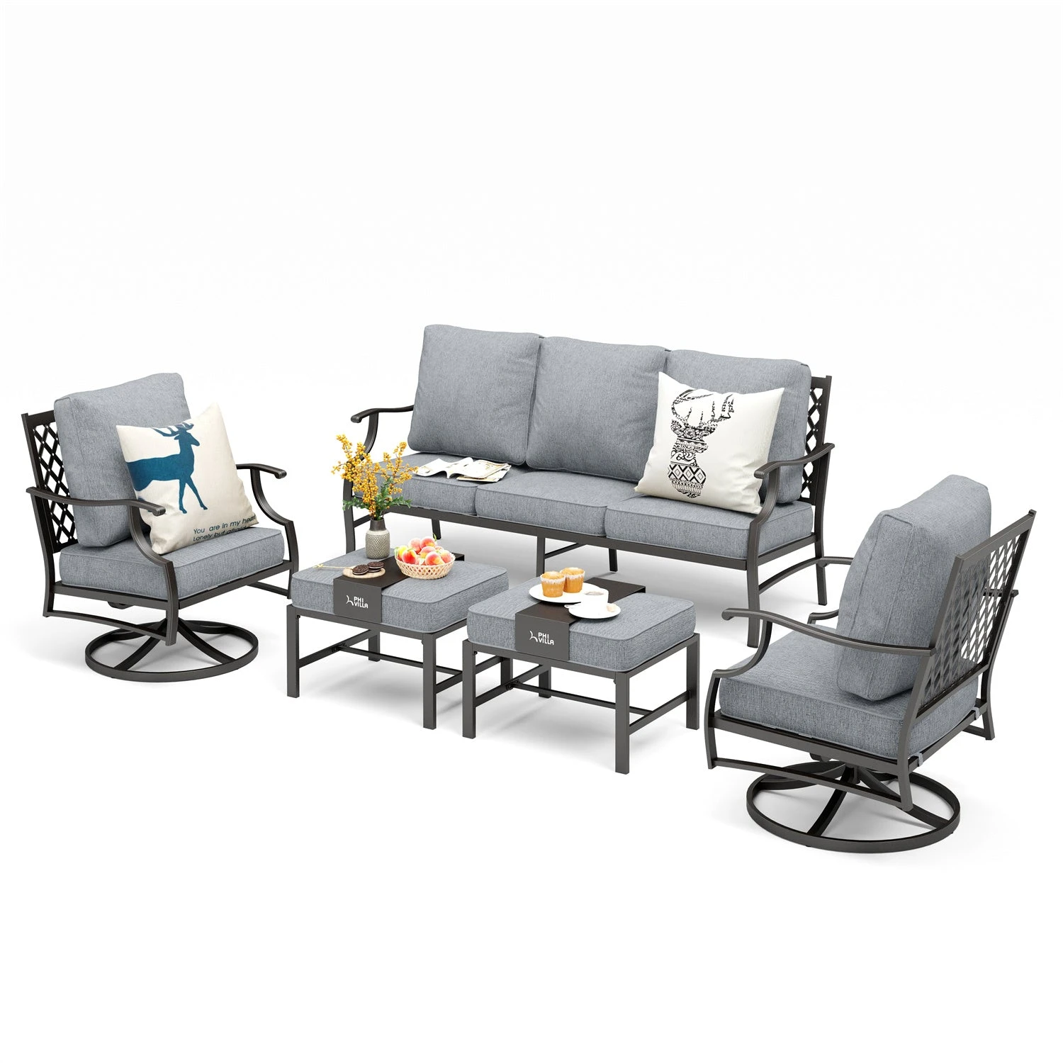 Phi Villa 7-Seater Patio Steel Sofa With Cushions And Multi-fuctional Ottomans 4 Phi Villa 7-Seater Patio Steel Sofa With Cushions And Multi-fuctional Ottomans - Image 2