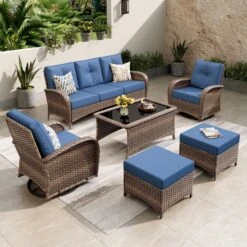 Phi Villa Patio Vintage Swivel Wicker Conversation Sofa Set