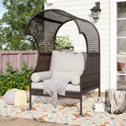 PHI VILLA Rattan Outdoor Furniture Wicker Single Sofa With Top Canopy