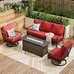 Phi Villa 5-Seater Outdoor Steel & Rattan Sofa Set With Rectangle Fire Pit Table