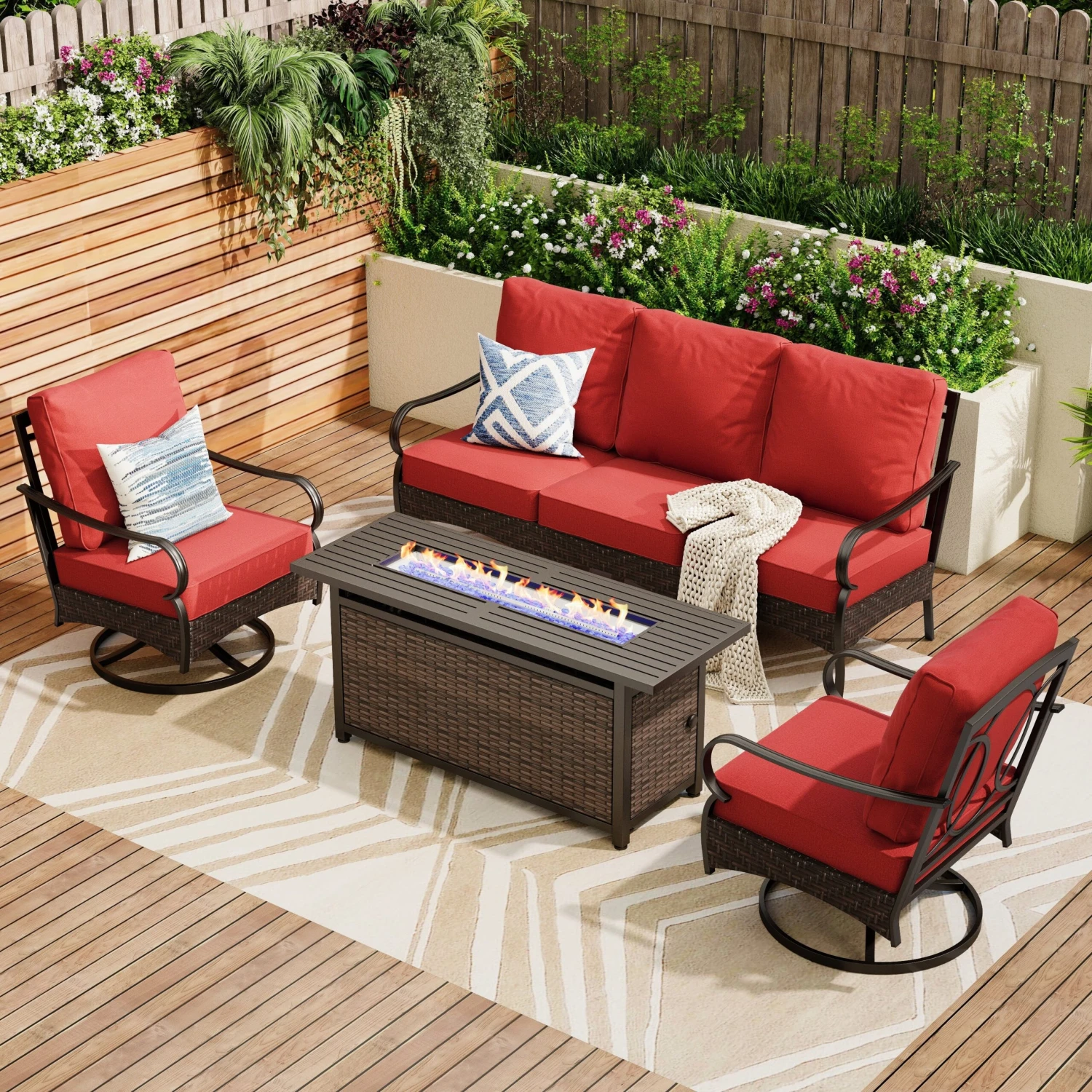 Phi Villa 5-Seater Outdoor Steel & Rattan Sofa Set With Rectangle Fire Pit Table 3 Phi Villa 5-Seater Outdoor Steel & Rattan Sofa Set With Rectangle Fire Pit Table
