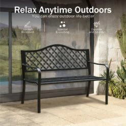 PHI VILLA 50 Inch Heavy Duty Outdoor Metal Garden Bench With Backrest And Armrest For Garden, Lawn, Yard, Outdoors -Phi Villa phi villa outdoor metal garden bench07