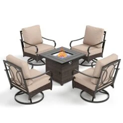 Phi Villa 4-Seater Outdoor Steel & Rattan Conversation Sofa Set With Square Fire Pit Table -Phi Villa phi villa wicker steel fire pit patio sofa02