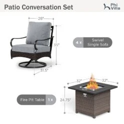 Phi Villa 4-Seater Outdoor Steel & Rattan Conversation Sofa Set With Square Fire Pit Table -Phi Villa phi villa wicker steel gray patio sofa05