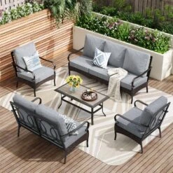 Phi Villa 7-Seater Wicker & Steel Outdoor Conversation Sofa Sets With Loveseat