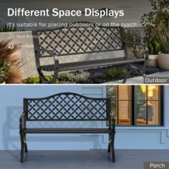 PHI VILLA 50 Inch Heavy Duty Outdoor Metal Garden Bench With Backrest And Armrest For Garden, Lawn, Yard, Outdoors -Phi Villa phivilla50inchheavydutypatiometalbench05