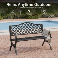 PHI VILLA 50 Inch Heavy Duty Outdoor Metal Garden Bench With Backrest And Armrest For Garden, Lawn, Yard, Outdoors -Phi Villa phivilla50inchheavydutypatiometalbench08
