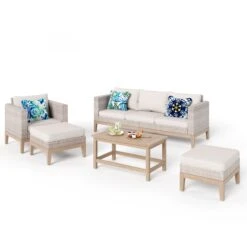 Phi Villa 5-Seater Patio Rattan & Acacia Wood Sofa Conversation Set -Phi Villa pv 109 1