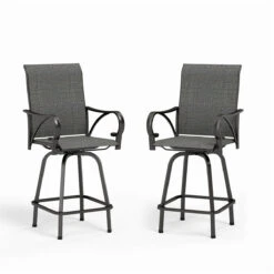 PHI VILLA Textilene Swivel Bar Stools With Curved Arms -Phi Villa sling swivel bar stools grey 2 seats