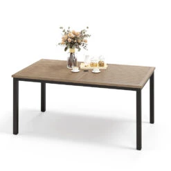 PHI VILLA Patio Wood-Like Rectangle Steel Dining Table