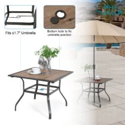 Phi Villa Wood-Look Patio Dining Table With Umbrella Hole -Phi Villa umbrellatable