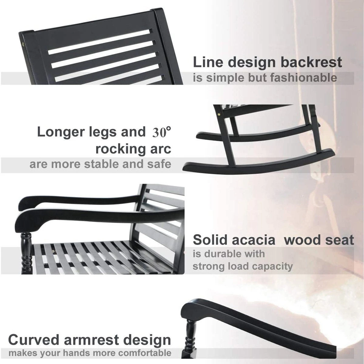 PHI VILLA Outdoor 1 Piece Acacia Wood Rocking Chair Garden Rocker Chair 10 PHI VILLA Outdoor 1 Piece Acacia Wood Rocking Chair Garden Rocker Chair - Image 8